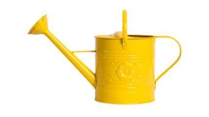 Bright yellow metal watering can with long spout and handle in vintage style on white background for gardening and outdoor decor