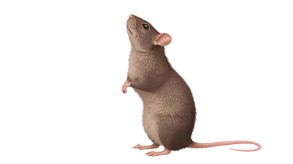Brown rat standing on hind legs with curious expression in soft studio lighting on white background for scientific or educational use