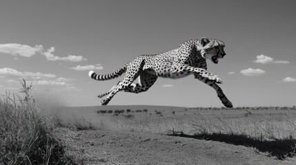 Cheetah in motion black and white wildlife image