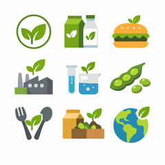 Eco-friendly icons: sustainability, food, packaging, energy, science