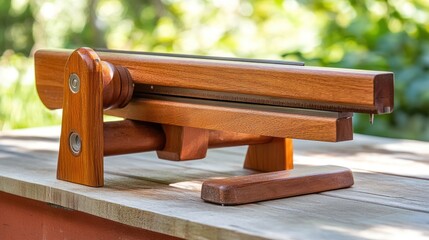 Wooden sliding mechanism device smooth texture brown tones sunlight green background