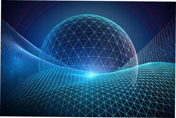 Futuristic glowing blue grid sphere in a digital landscape