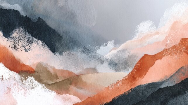 Calm Valentine Inspired Abstract Background Abstract watercolor mountain landscape background in terracotta and navy with misty layers and textured brush strokes