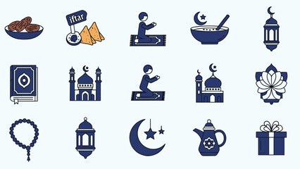 Ramadan icons set with mosque lantern and iftar elements, Generative AI.