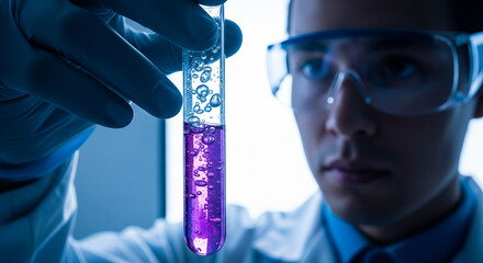 Scientific Precision: A focused scientist, garbed in protective eyewear and gloves, meticulously examines a vibrant chemical solution in a test tube.
