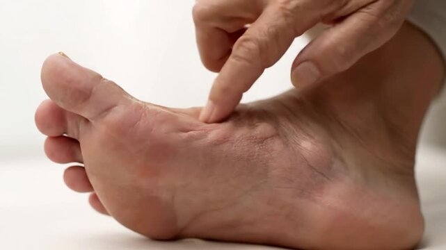 Close up of a human foot being examined with a finger. The foot is light-skinned and against white