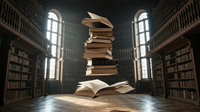 A surreal stack of books floats in a grand, vintage library.