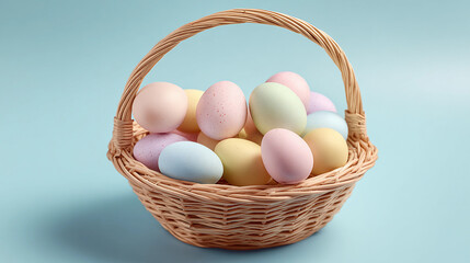 Pastel colored eggs in wicker basket on blue background