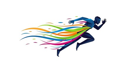Dynamic figure running with colorful flowing ribbons