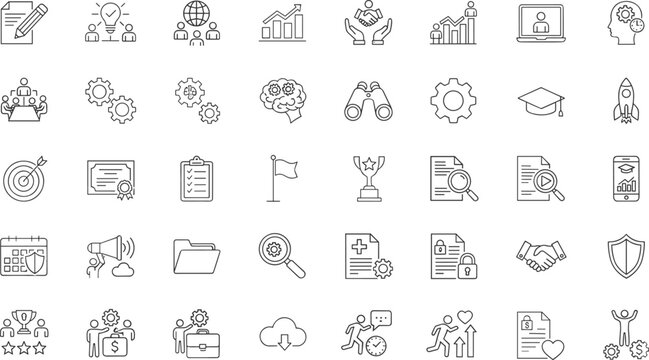 Versatile business growth and corporate strategy line icon set featuring leadership symbols, financial success charts, teamwork collaboration icons, and professional career development concepts.
