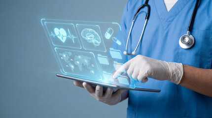 Medical professional in blue scrubs using tablet with holographic interface showing heart, brain, and global data icons. Future of digital healthcare, telemedicine, and smart medicine concept.