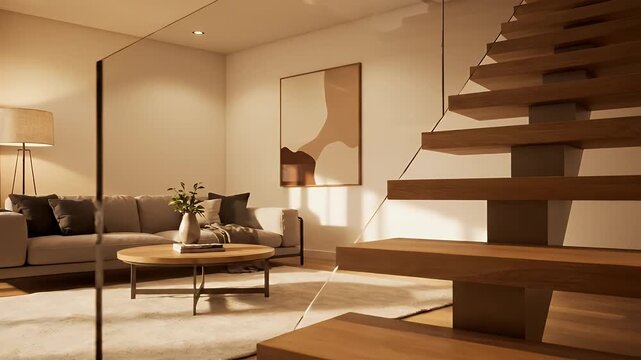 Modern Living Room with Elegant Wooden Staircase and Contemporary Furniture Warm and Inviting Interior Design.