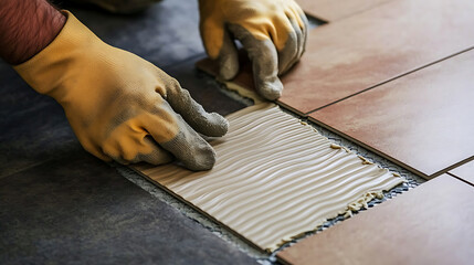 Craftsman carefully lays tiles with adhesive, ensuring a precise fit. Gloves provide grip, enhancing detail and focus on meticulous craftsmanship. Surface tiling.