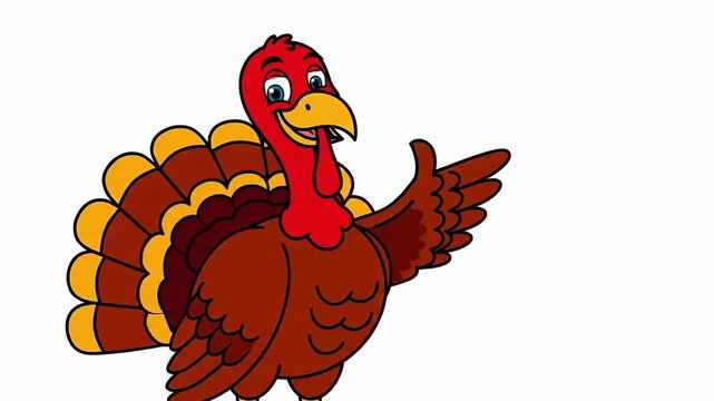 Cartoon Turkey Smiling, Pointing to the Right on Plain Background