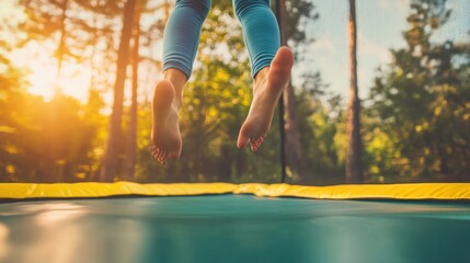 Child jumping on trampoline outdoors warm sunlight teal and yellow colors