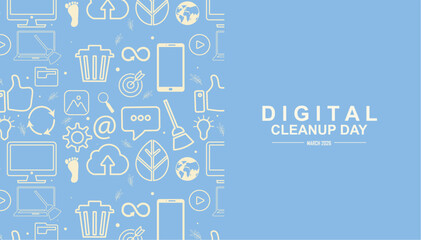 Light blue banner for Digital Cleanup Day featuring white line icons pattern of computers, trash, phones, and eco symbols, perfect for digital declutter awareness campaigns. Vector illustration