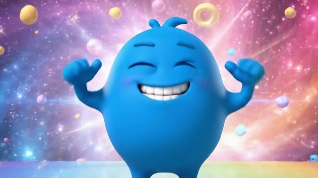 Energetic 3D mascot animation for advertising, cute stylized character, exaggerated facial expressions, lively movement, bright lighting, colorful background, dynamic camera motion, playful atmosphere