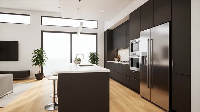 Modern OpenConcept Living Room and Kitchen with Contemporary Design and Stainless Steel Appliances.