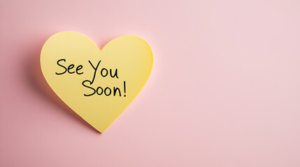 Heart-shaped post-it note displaying "See You Soon!" on a pink surface, conveys anticipation, love, and warmth. Ideal for greeting cards or farewell messages.