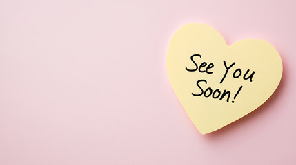 Heart-shaped sticky note on a pink background, with the handwritten message "See You Soon!", conveying affection and anticipation for a future meeting or reunion.