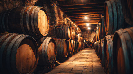 Rows of oak barrels stored in a historic underground wine cellar, dim warm light, rustic vintage mood