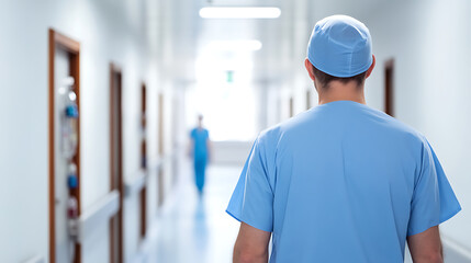 Healthcare hero in scrubs, walking down the bright hospital hallway. A beacon of hope and healing in a busy medical environment. The dedicated doctor or nurse is on a mission.