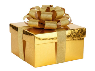Elegant golden gift box with bow isolated on transparent background