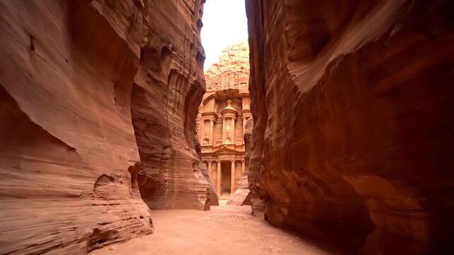 A sandstone canyon leads to an ancient fa?ade, bathed in daylight, in a remote landscape