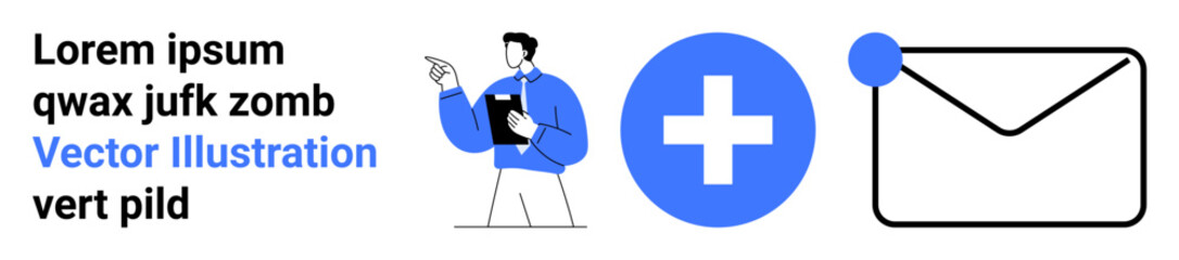 Fototapeta premium Healthcare, medical communication, digital messaging, online support, telemedicine, health services. A doctor holding a clipboard, medical cross and email icon. Healthcare and medical communication