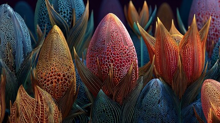 Glowing seeds bursting into radiant colorful blooms in dark fantasy garden with intricate patterns and vibrant petals