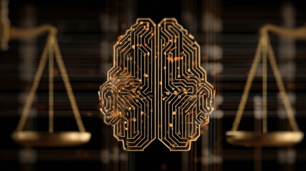 Concept of Artificial Intelligence and Law Represented by Brain Design With Circuit Patterns and Scales in Background