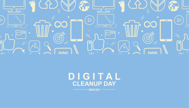 Digital Cleanup Day banner with white line icons pattern of devices, trash bins and eco elements, ideal for digital declutter campaigns. Digital sobriety concept. Cleanup data. Vector illustration