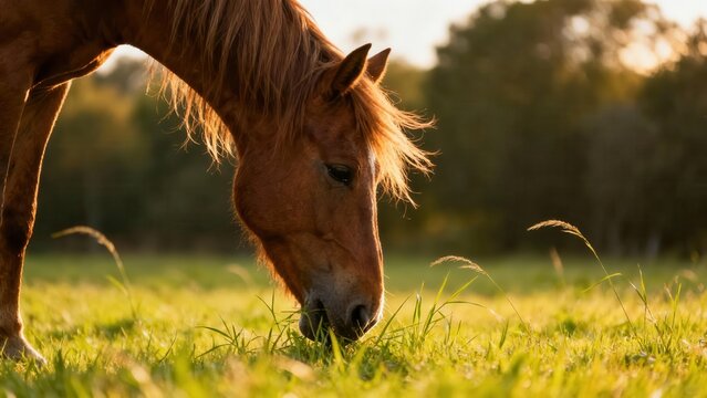 Chestnut colored domestic horse grazing on tall green grass in warm golden light during sunset.