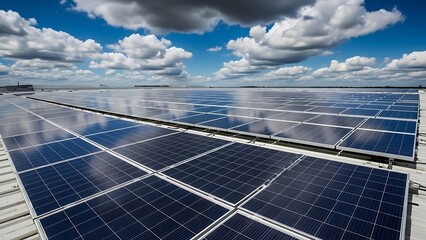 Expansive rooftop solar panel array harnessing renewable energy under a dynamic blue sky, symbolizing sustainable power generation and environmental responsibility