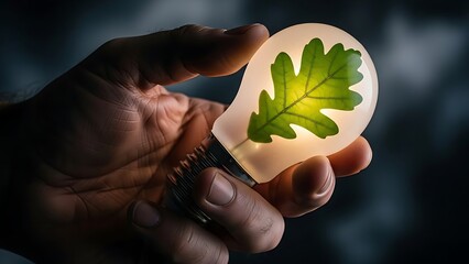 A hand delicately holds a glowing light bulb containing a vibrant green leaf, symbolizing sustainable energy innovation, environmental conservation, and a brighter ecological future