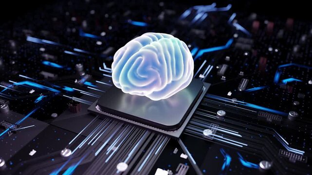A glowing 3D brain hovers over a computer chip on a dark circuit board with blue neon lights, symbolizing future artificial intelligence technology.