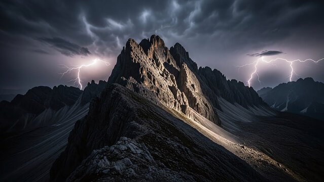 Dramatic mountain peak with lightning storm, creating ominous atmosphere with dark clouds and rugged terrain, natural light, high contrast - Powered by Adobe