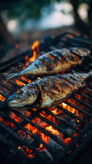 Grilled fish whole on barbecue, charred skin, rustic outdoor cooking scene