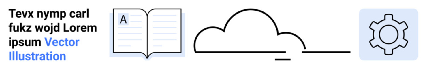 Open book with text, cloud, and gear icon representing learning, networking, innovation, and technology development. Ideal for education, digital transformation, networking creativity automation © robu_s