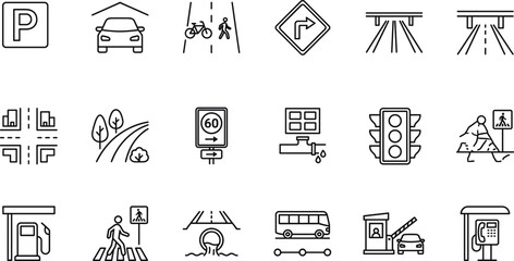 Road traffic and urban transportation line icons set with parking signs pedestrian crossing highway infrastructure symbols outline vector illustration © Jasmin
