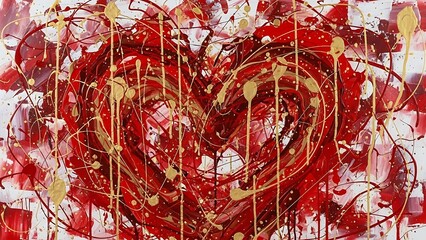 A vibrant abstract painting featuring a swirling mix of red and gold colors on a white background