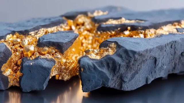 Natural gold nuggets inside raw dark rock section