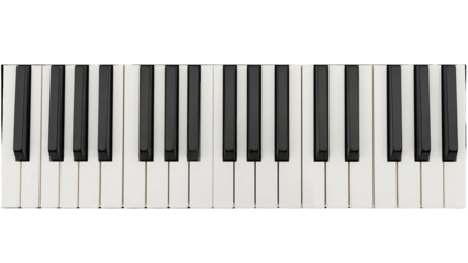 Close-up of piano keyboard with black and white keys isolated on transparent background