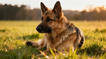 Regal German Shepherd dog resting on lush green grass facing left during beautiful golden hour sunset outdoors.
