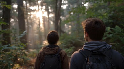 Two hikers trek through a vibrant forest bathed in ethereal golden hour sunlight filtering through the trees