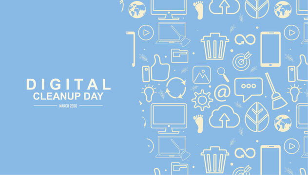 Digital Cleanup Day tech icons banner March 2026. Perfect for digital declutter and sustainability campaigns. Digital pollution concept. World digital cleanup day. digital detox. Vector illustration