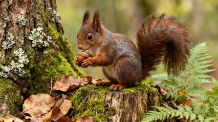 Obraz premium Eurasian red squirrel sitting on a weathered, mossy tree stump holding an acorn, surrounded by ferns and lichen.