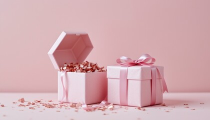 Elegant Pink Gift Boxes with Shredded Paper and Ribbon