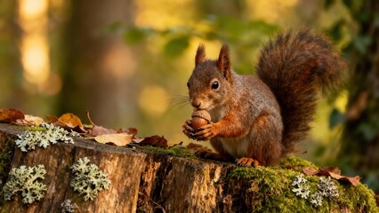 Reddish brown European red squirrel holding a ripe acorn while sitting on a mossy tree stump covered in white lichen in autumn.