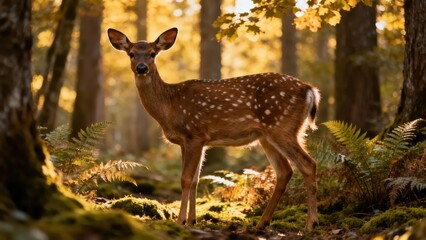 Captivating spotted deer stands alertly on mossy ground in a dense woodland with ethereal golden backlighting.